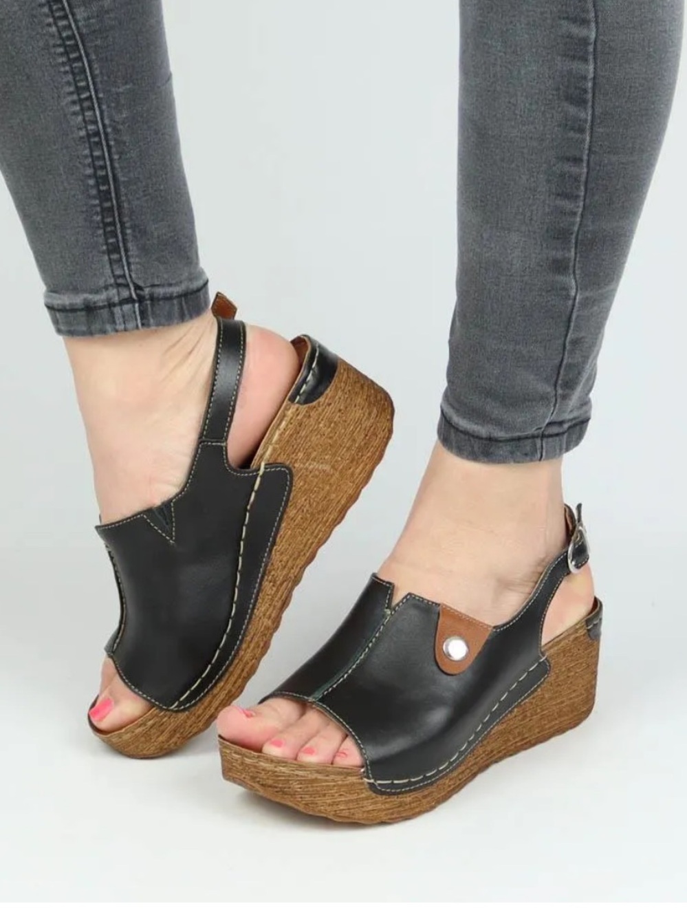 Sandaly STELLA 846 Black Leather Cork Wedge Sandals Black NEW